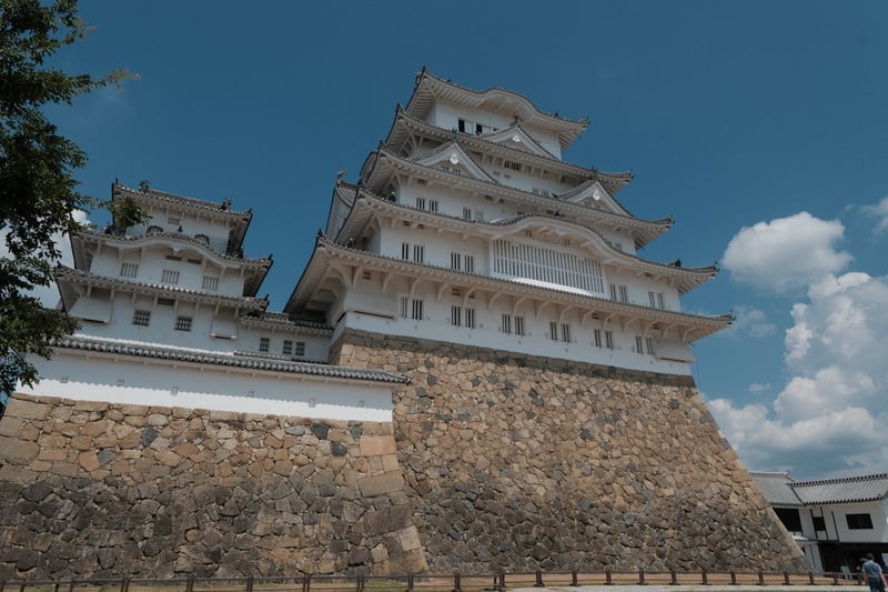 見上げる大天守と夏雲